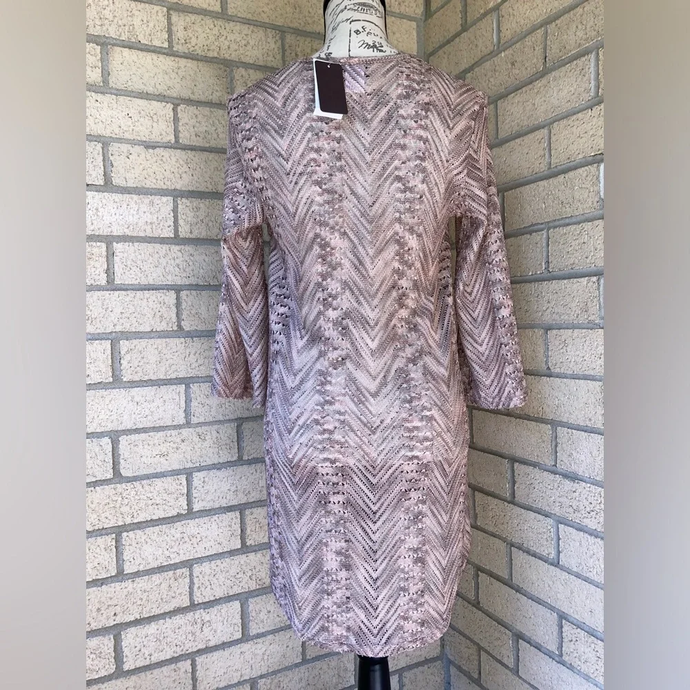 Elif Open Knit V Neck Shiny Metallic Pink Grey Swim Cover Up Tunic Bell Sleeves